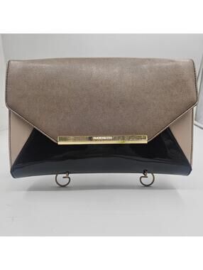 Anne Klein 3-Tone Envelope Shoulder Bag Taupe, Cream & Black Patent Gold Chain